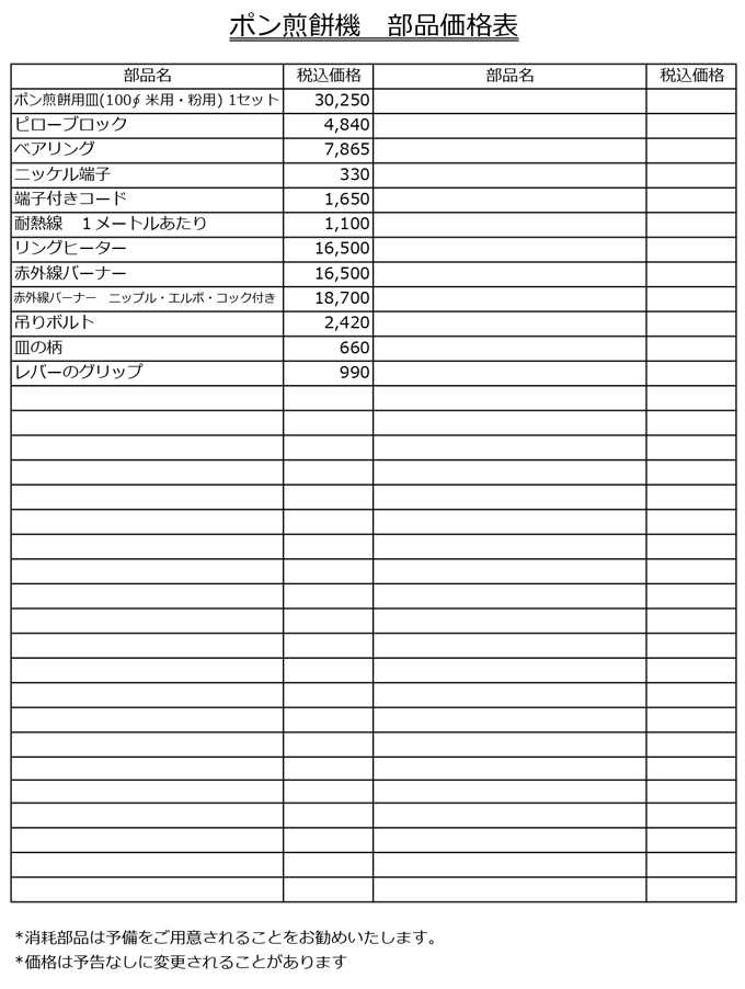 ポン煎餅機／部品価格表