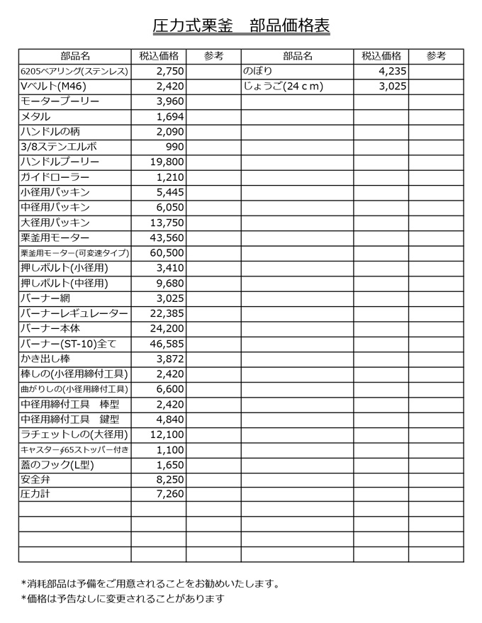 圧力式栗釜／部品価格表